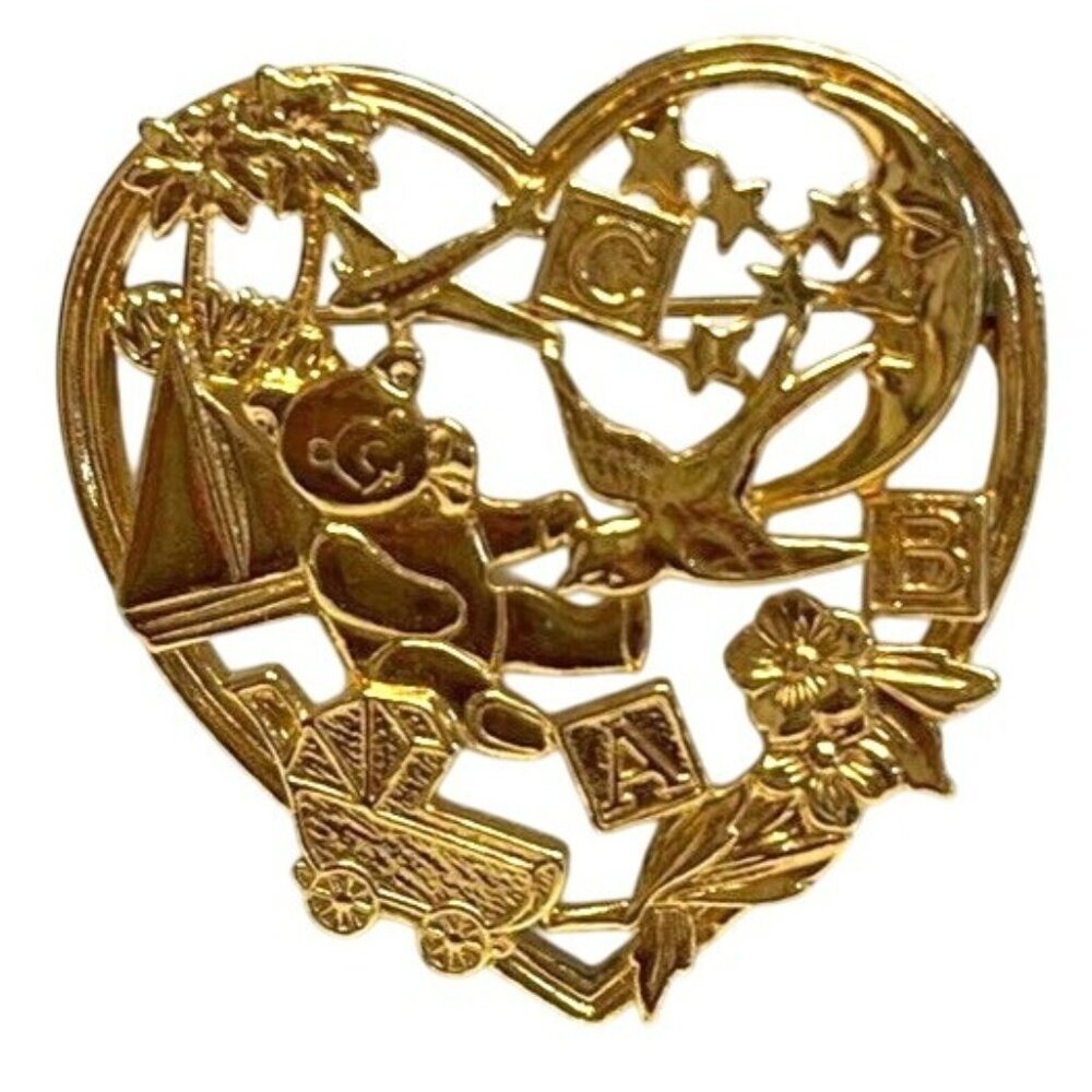 Avon Gold Tone Heart Brooch Baby Theme with Teddy Bear Plane Mother's Day Gift